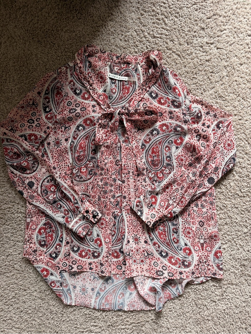 Alice + Olivia Red and Black Paisley Tie-Neck Top